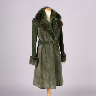 Vintage Mantel Gr. M der 70er Jahre Dunkelgrüner Suede Wolle Gürtel