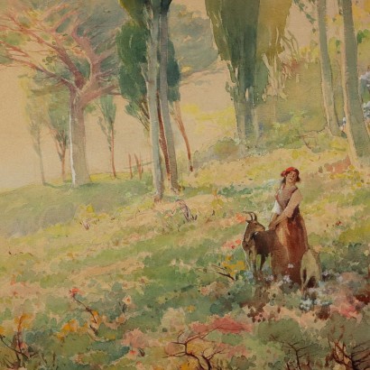 Gemälde Landschaft mit Figur Eindruck eines Ligurischen Pinienwaldes
