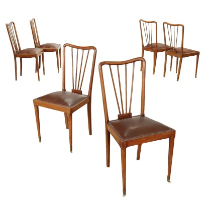 Gruppe aus 6 Stühlen der 50er Jahre Holzstruktur Messing Kunstleder