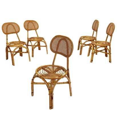 Gruppe aus Vintage Stühlen Bambusholz Stoff der 50er-60er Jahre
