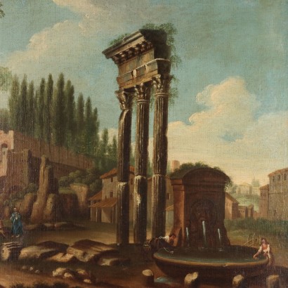 Antikes Gemälde Landschaft mit Ruinen '700-'800 Öl auf Leinwand