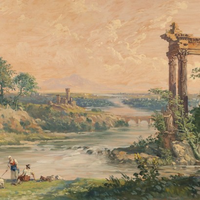 Antikes Gemälde A. Oberto Landschaft mit Hirten und Ruinen Malerei