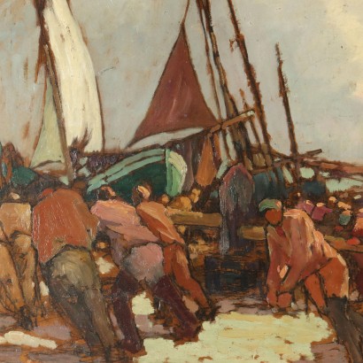 Gemälde mit Booten und Fischern Mitte des XX Jhs Öl auf Karton