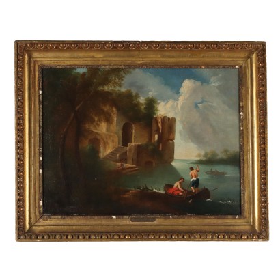 Antikes Gemälde mit Landschaft Öl auf Leinwand des XIX Jhs