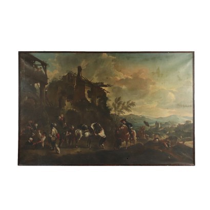 Öl auf Leinwand Landschaft mit Figuren und Rittern Italien 18 Jhd